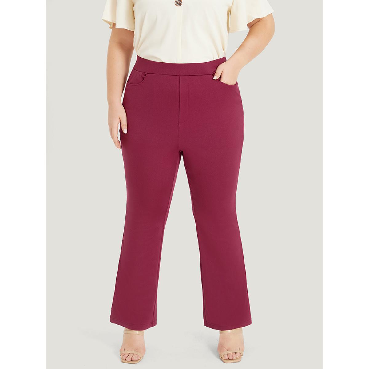 Plus Size Plain Slant Pocket Elastic Waist High Rise Bootcut Pants Women Burgundy Office Bodycon High Rise Work Pants BloomChic 12/L Product Image