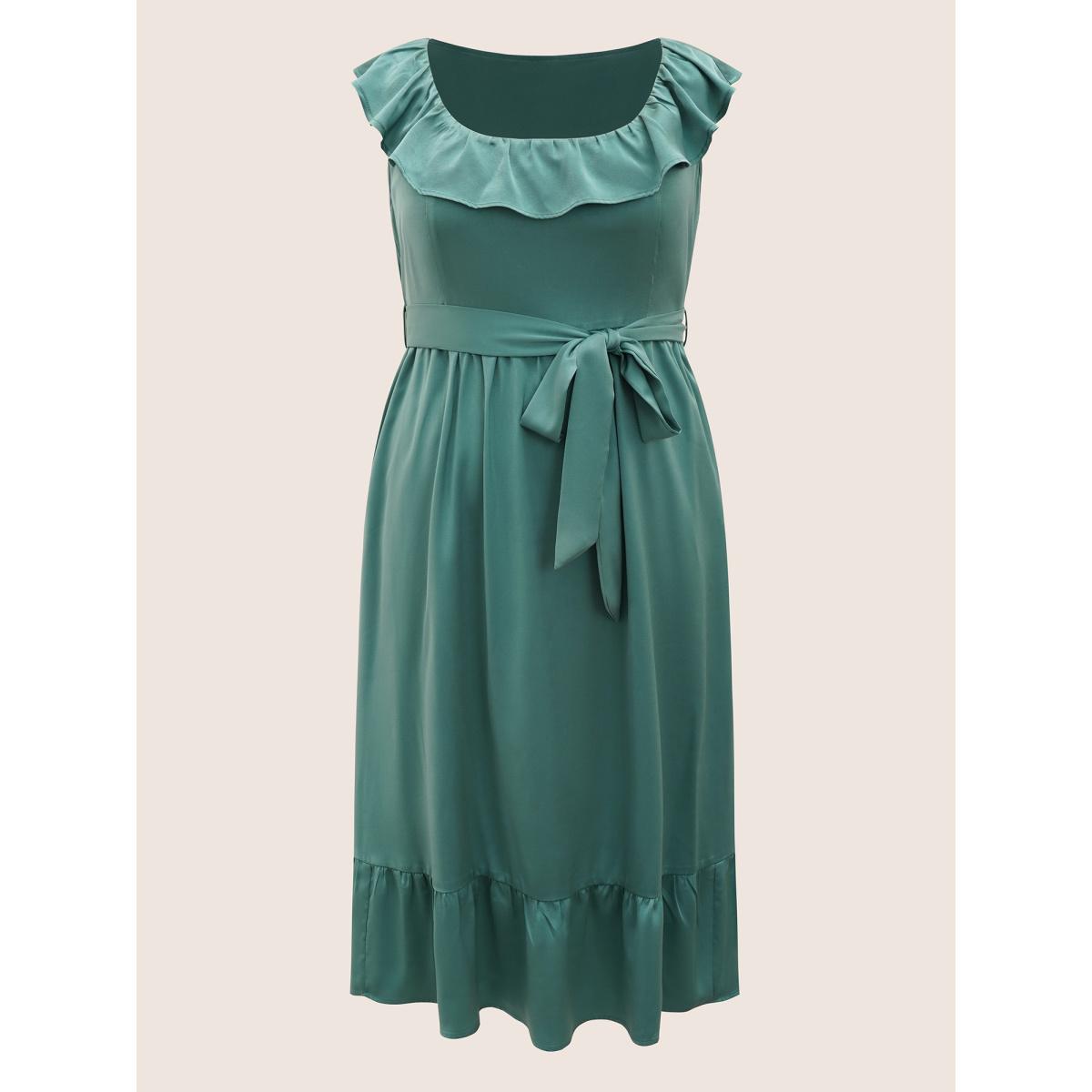 Plus Size Square Neck Plain Ruffles Gathered Belted Dress Emerald Women Elegant Gathered Square Neck Sleeveless Curvy Midi Dress BloomChic 18-20/2X Product Image