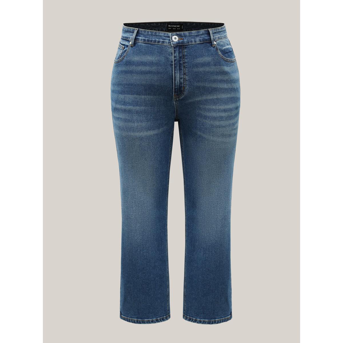 Plus Size Cowboy Waist Straight-Leg Mid-Rise Jeans Women Denimblue Leisure Medium stretch Slanted pocket Jeans BloomChic 28/5X Product Image