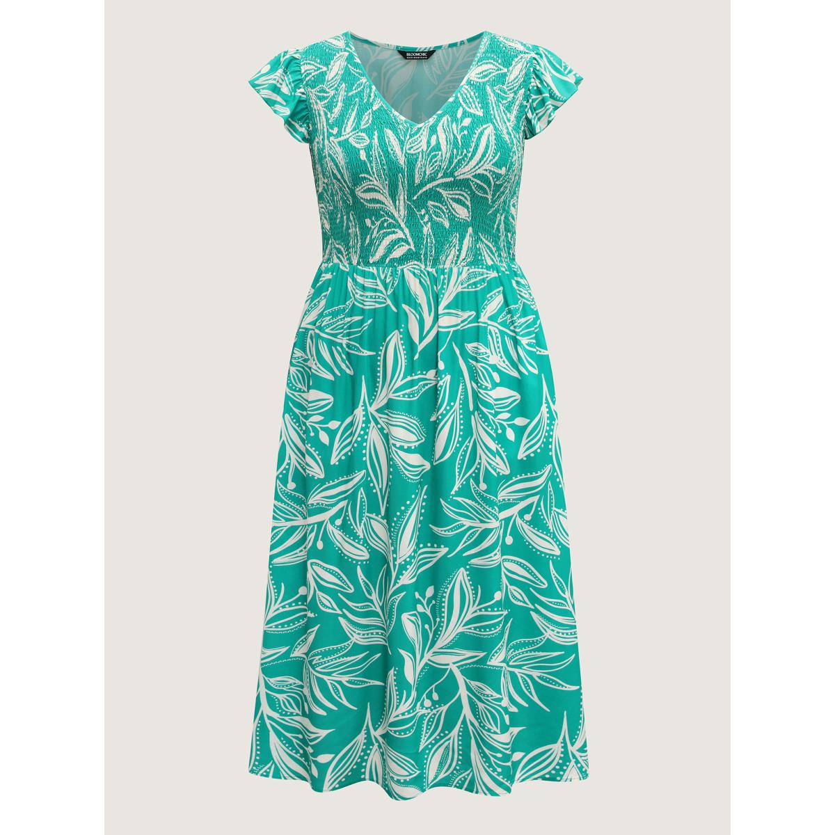 Plus Size Rayon Leafy Print Shirred Midi Dress Arctic Women V-neck Cap Sleeve Curvy BloomChic 30/6X Product Image