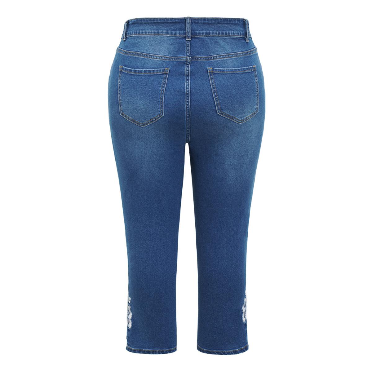 Plus Size Very Stretchy High Rise Medium Wash Embroidered Cropped Jeans Women LightBlue Casual Plain Embroidered High stretch Pocket Jeans BloomChic 14/1X Product Image