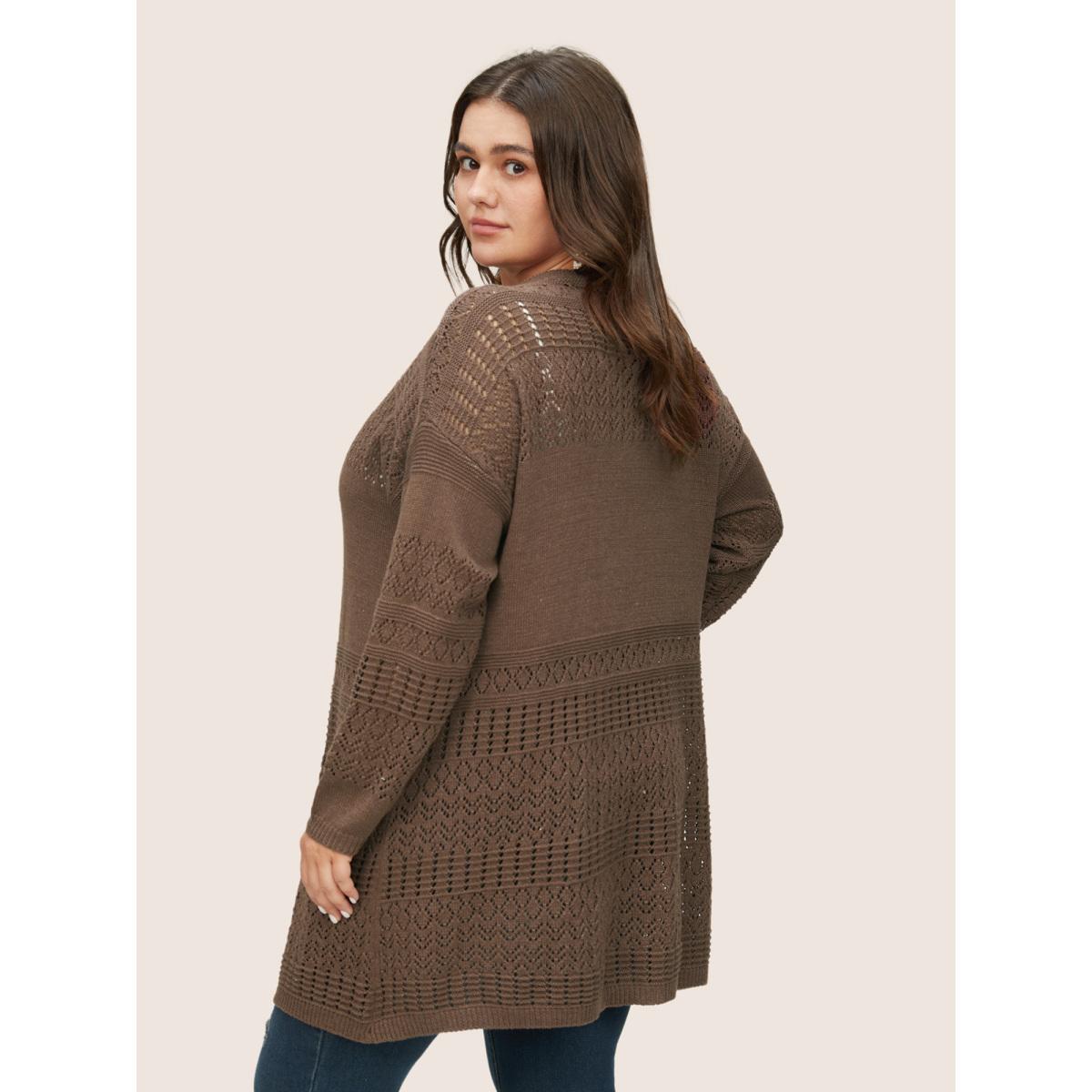 Plus Size Solid Geometric Hollow Out Pocket Cardigan DarkBrown Women Casual Long Sleeve Everyday Cardigans BloomChic 18-20/2X Product Image