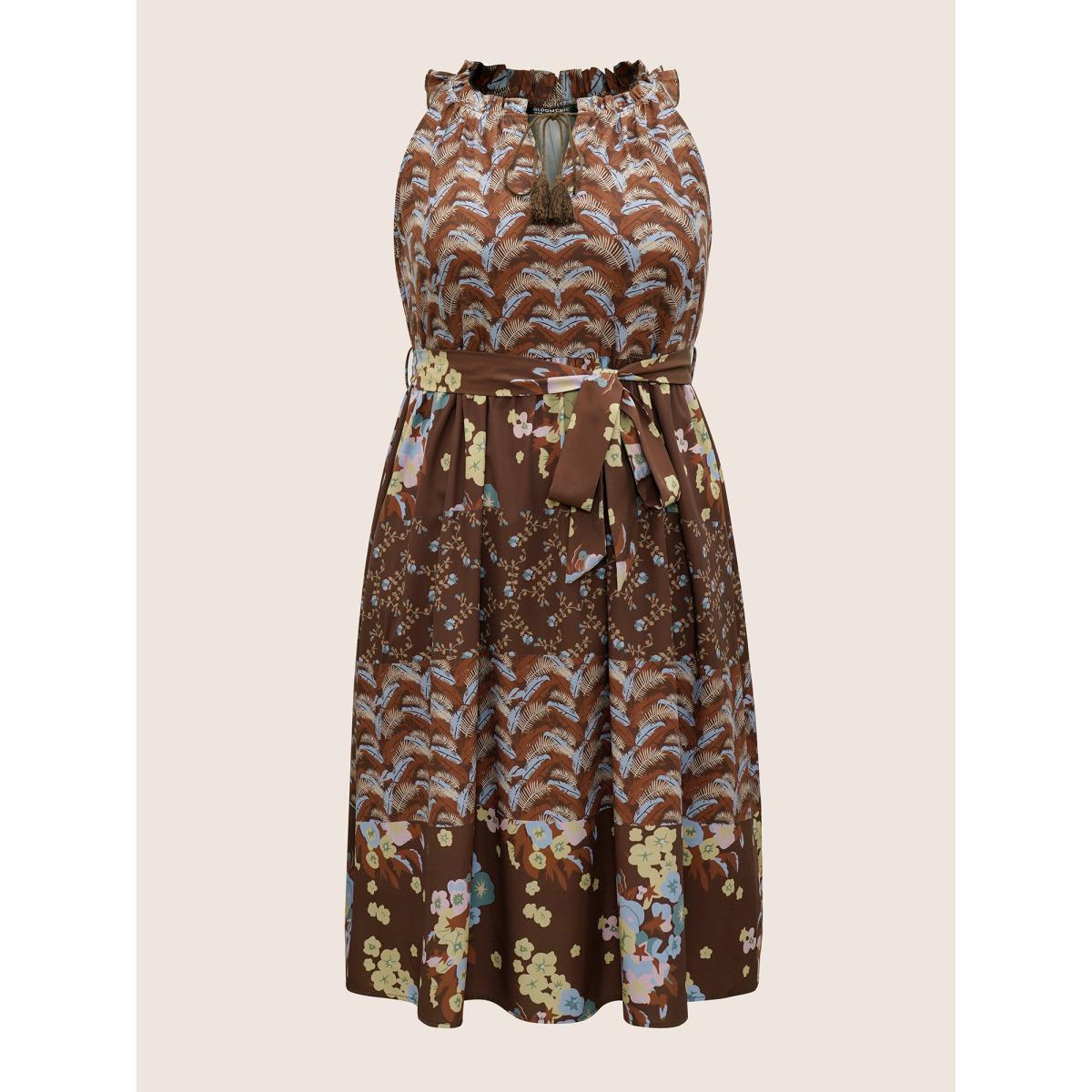 Plus Size Bandana Tie Neck Belted Tassel Trim Dress DarkBrown Women Resort Non V-neck Sleeveless Curvy Midi Dress BloomChic 26/4X Product Image