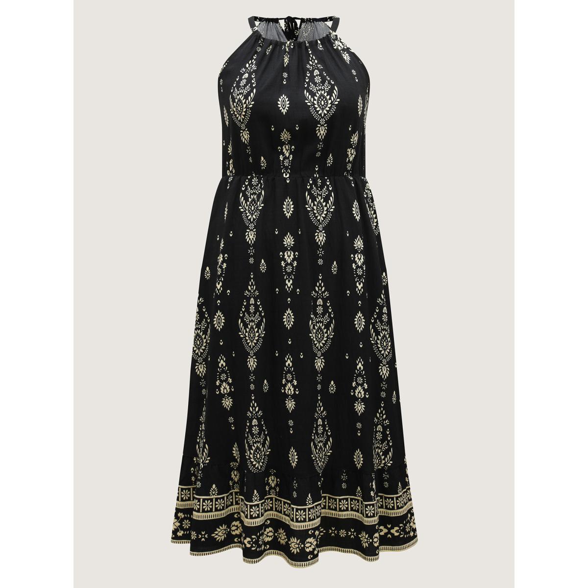Plus Size Boho Print Halter Neck Pockets Midi Dress Black Women Non Halter neck Sleeveless Curvy BloomChic 12/L Product Image