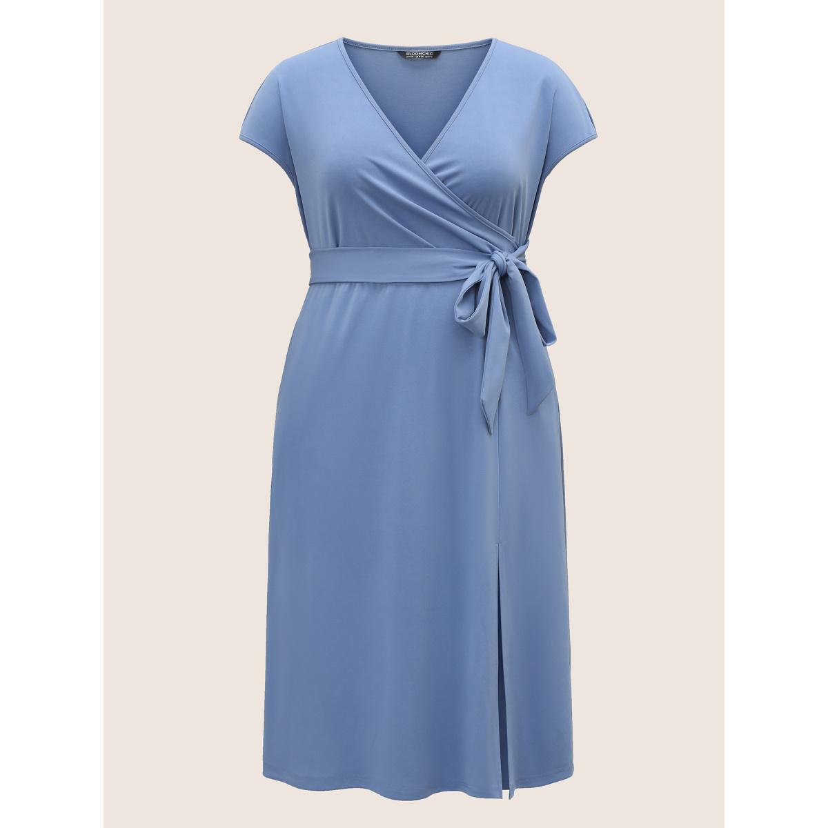 Plus Size Solid Ties Wrap Dolman Sleeve Split Side Dress Stone Women Basics Non Overlap Collar Cap Sleeve Curvy Midi Dress BloomChic 26/4X Product Image