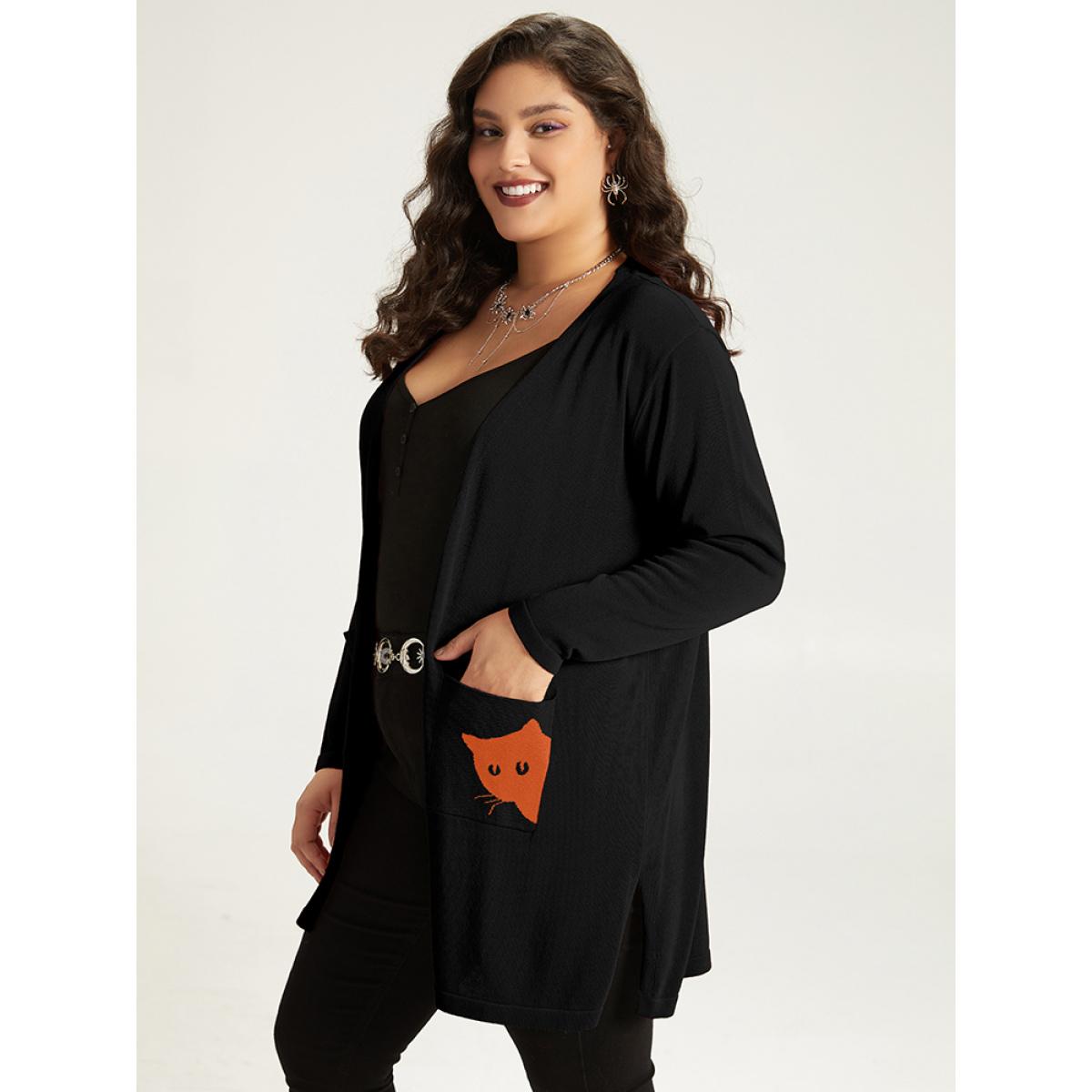 Plus Size Halloween Cat Print Split Side Patched Pocket Cardigan Black Women Casual Loose Long Sleeve Festival-Halloween Cardigans BloomChic 14-16/1X Product Image