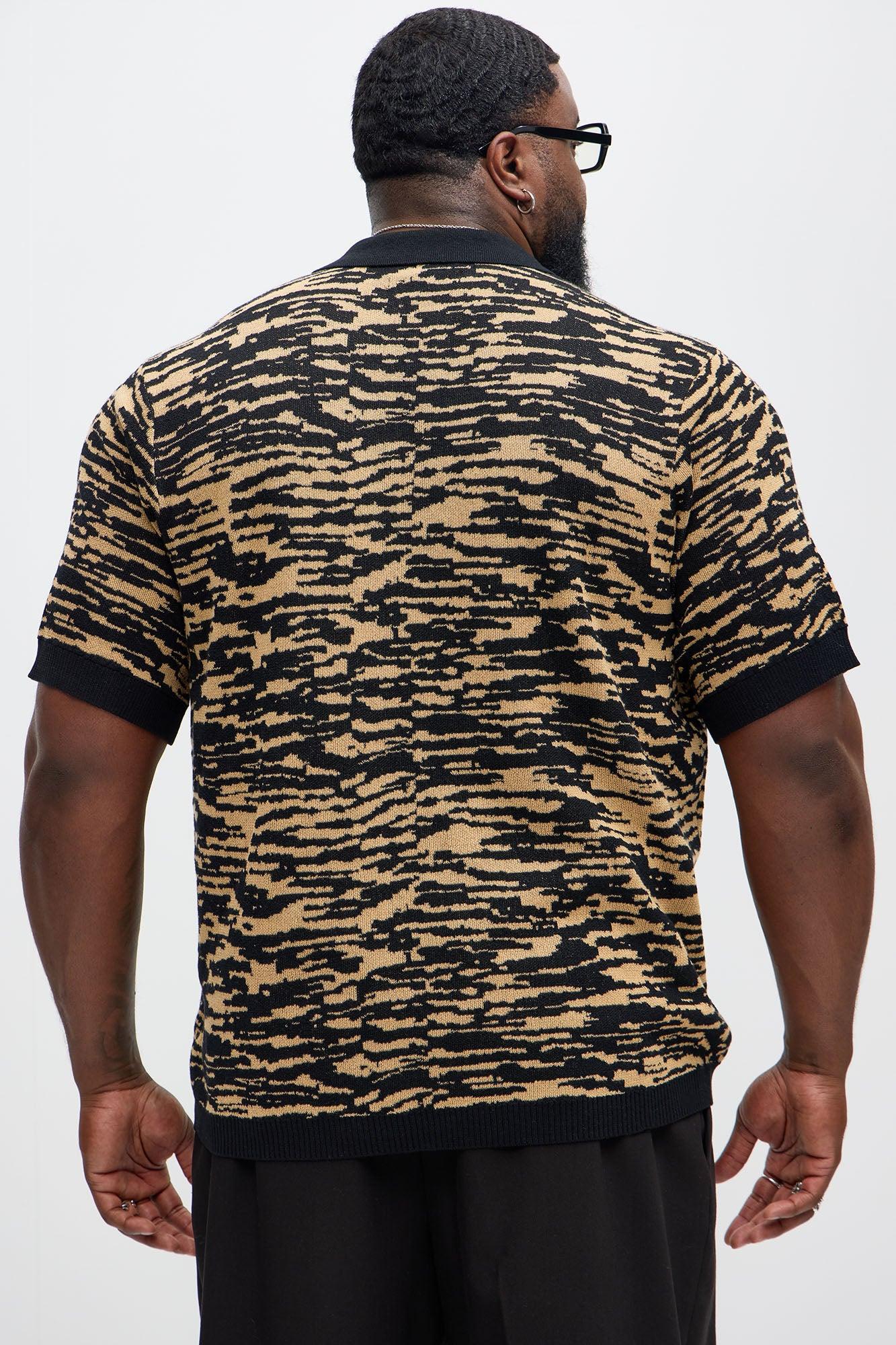 Zebra Pattern Knit Button Down Shirt - Black/combo Product Image