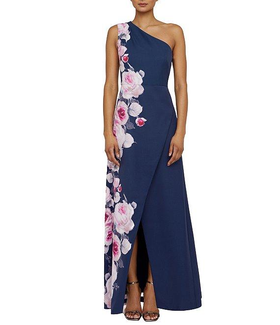 Kay Unger Stretch Crepe Floral Placement Print One Shoulder Neck Sleeveless Sheath Gown Product Image