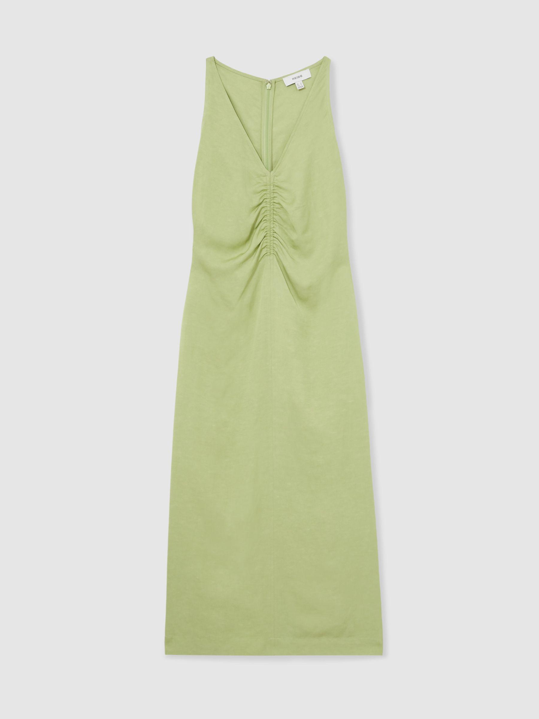 Petite Ruched Sleeveless Midi Dress With Linen in Green Product Image