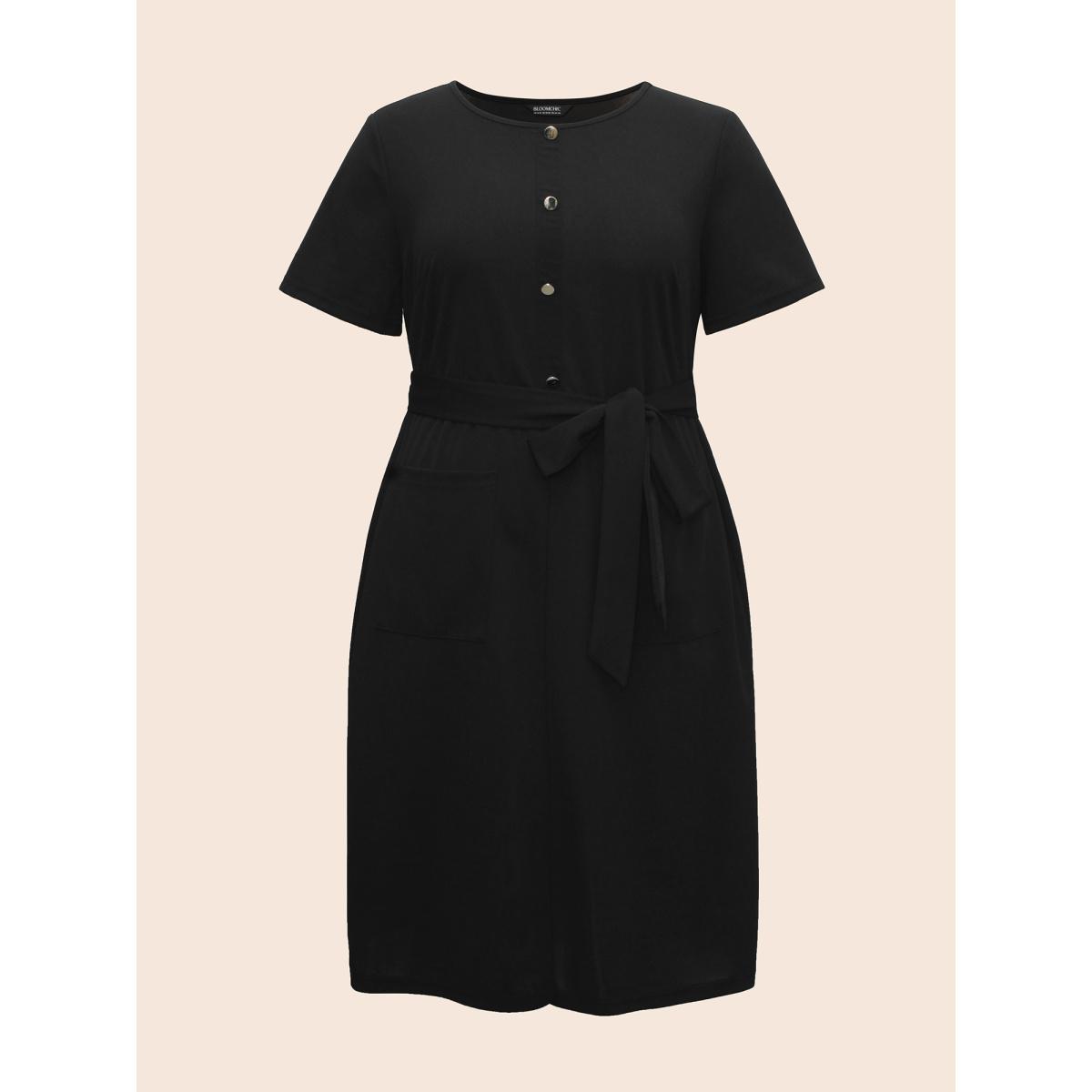 Plus Size Crew Neck Metal Button Detail Belted Dress Black Women At the Office Belted Round Neck Short sleeve Curvy BloomChic 30/6X Product Image