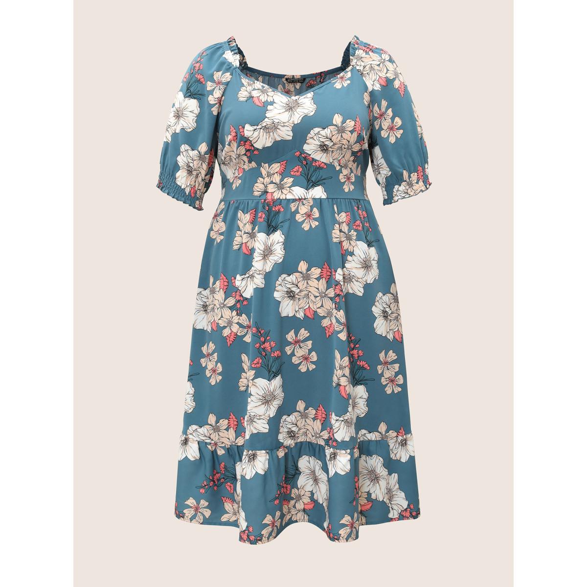 Plus Size Floral Frill Trim Shirred Pocket Square Neck Dress Stone Women Elegant Non Square Neck Short sleeve Curvy Midi Dress BloomChic 10/M Product Image