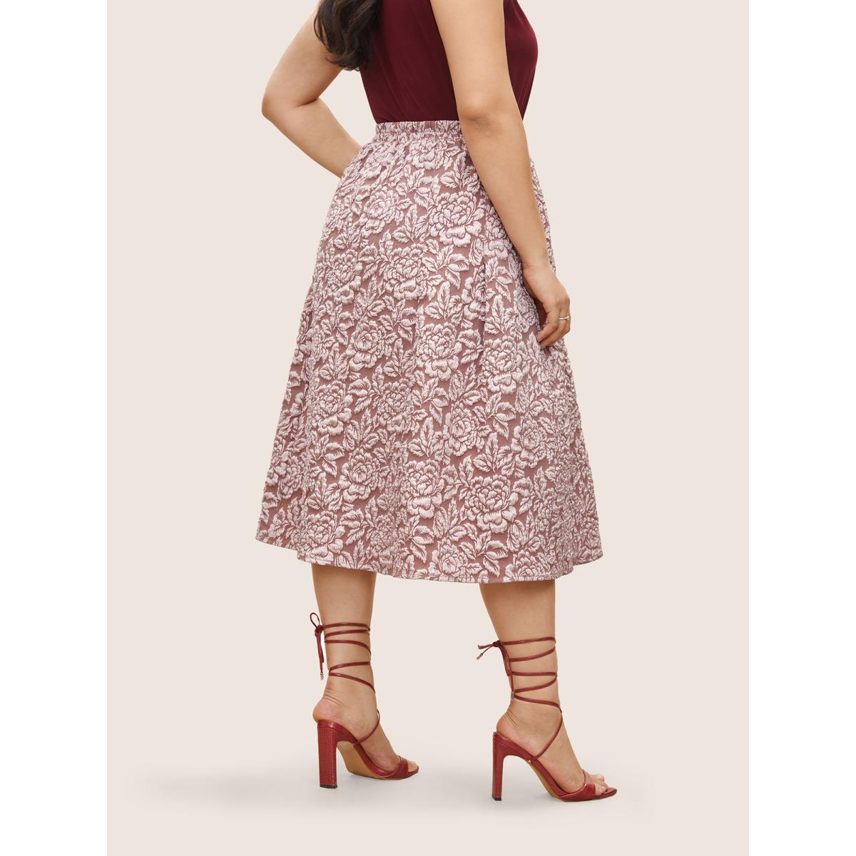 Plus Size Floral Plisse Pocket Plicated Detail Jacquard Skirt Women DustyPink Elegant Non No stretch Slanted pocket Everyday Skirts BloomChic 28/5X Product Image