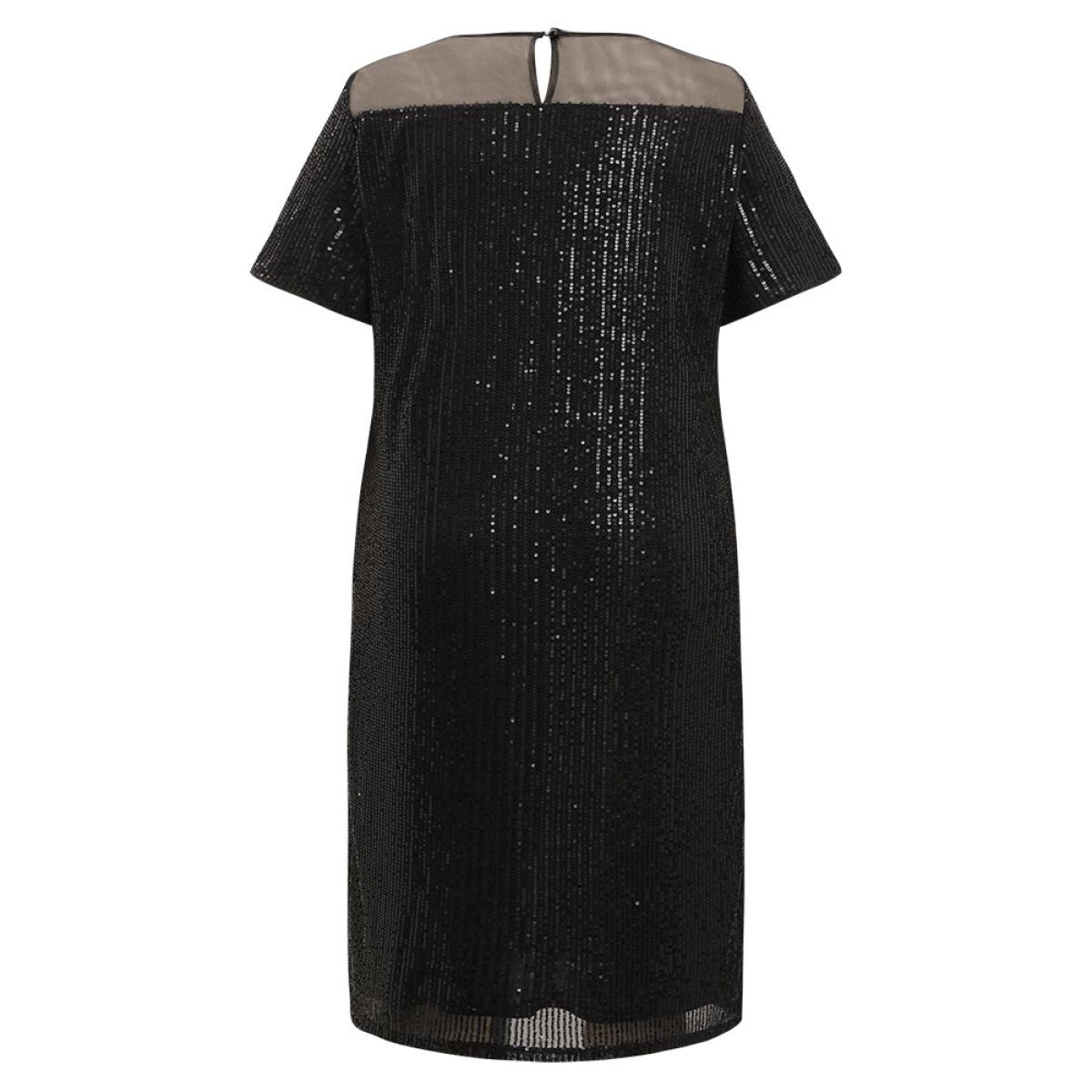 Plus Size Sequin Mesh Insert Crew Neck Pocket Keyhole Midi Dress Black Women Elegant See through Round Neck Short sleeve Curvy Midi Dress BloomChic 30/6X Product Image