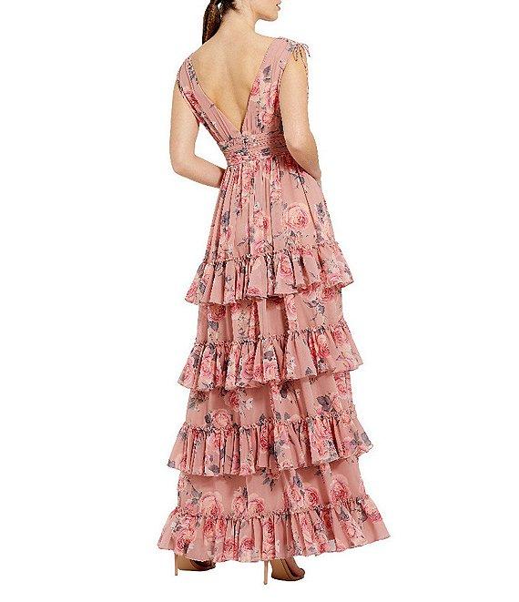 Mac Duggal Double V-Neck Sleeveless Floral Chiffon Tiered Ruffle A-Line Gown Product Image