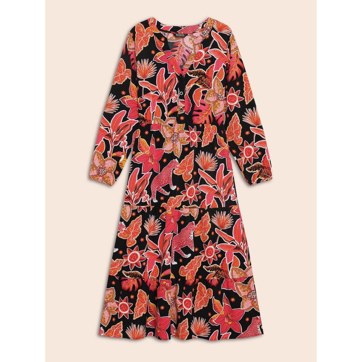 Plus Size Notched Floral Elastic Waist Maxi Dress Black Women Elegant Button Flat collar with V-notch Long Sleeve Curvy BloomChic 26/4X Product Image