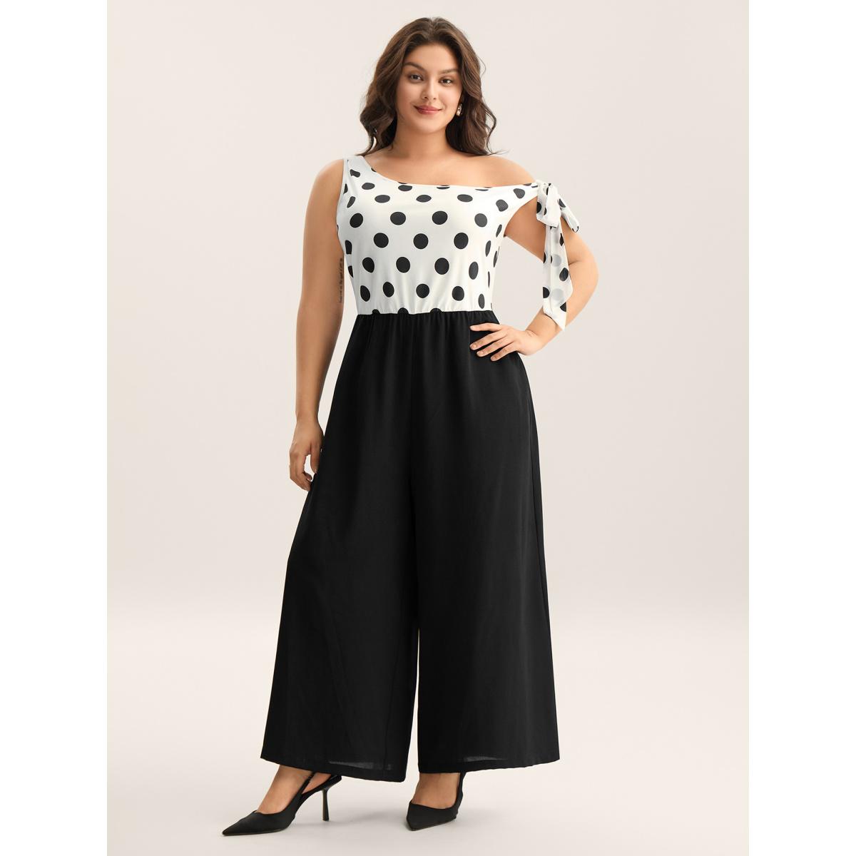 Plus Size Originalwhite Polka Dots One-Shoulder Tied Jumpsuit Women Sleeveless Asymmetrical Neck Work Loose Jumpsuits BloomChic 26/4X Product Image