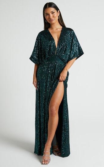 Miyah Maxi Dress - Sequin Plunge Short Sleeve Dress in Emerald Product Image