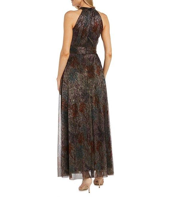R & M Richards Halter Neck Sleeveless Metallic Crinkle A Line Gown Product Image