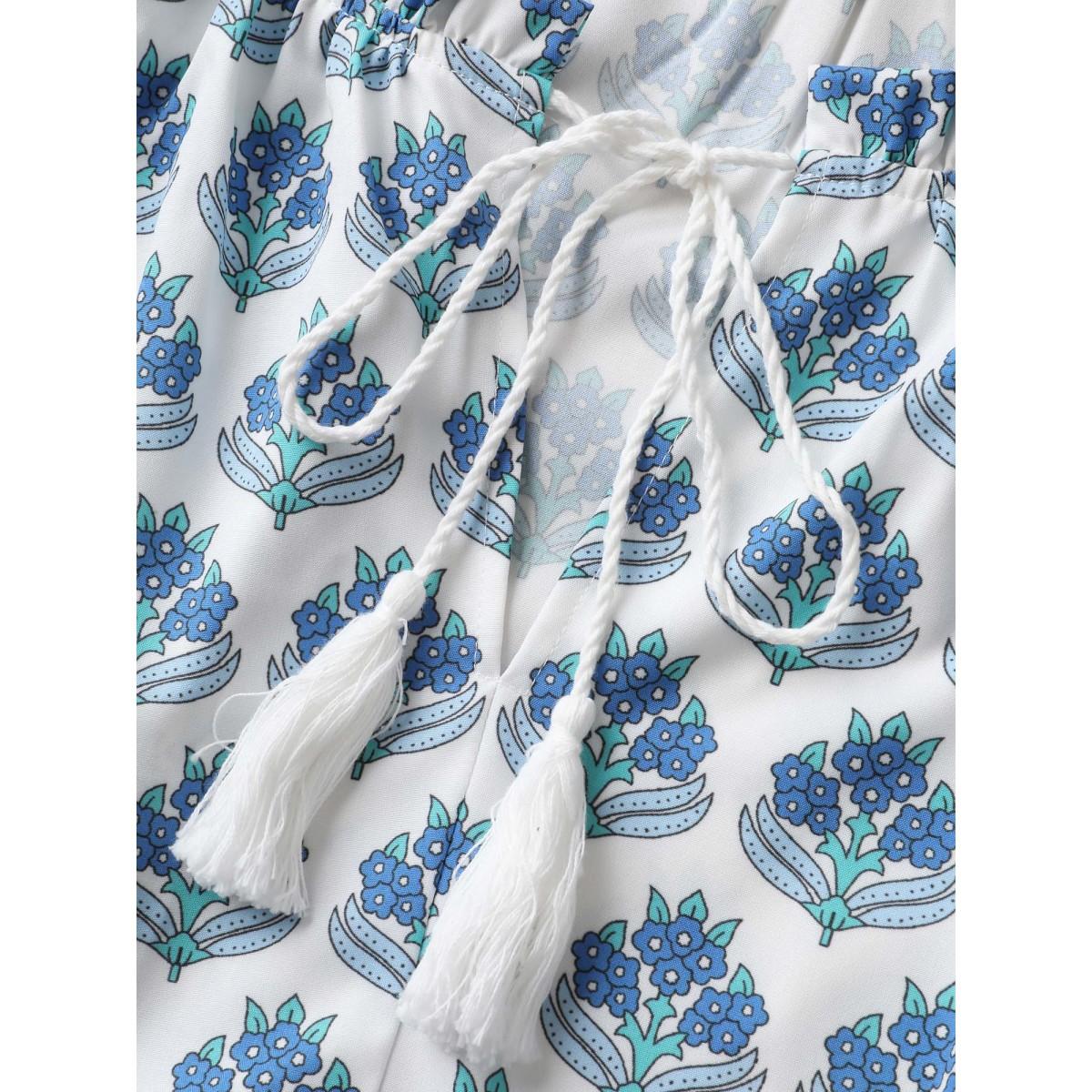 Plus Size Boho Print Notched Collar Tassel Sleeveless Dress Blue Women Resort Tie knot Notched collar Sleeveless Curvy Midi Dress BloomChic 28/5X Product Image