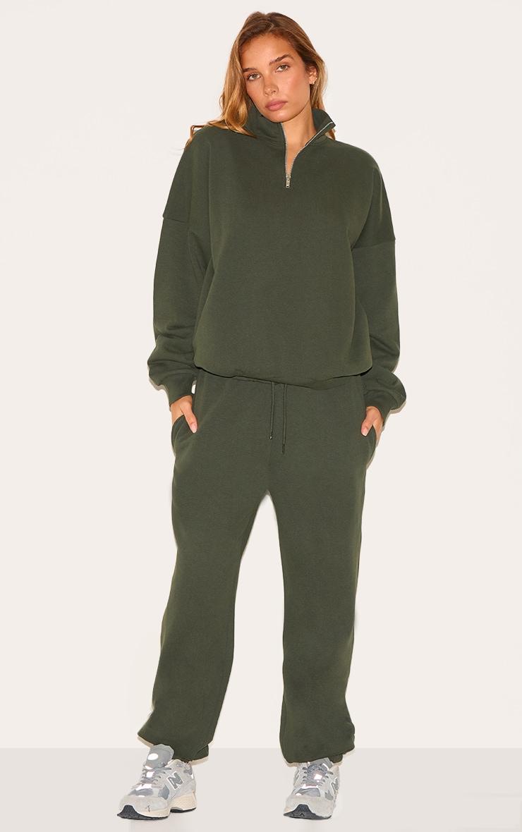 Khaki Premium High Neck Quarter Zip Oversized Sweatshirt Product Image