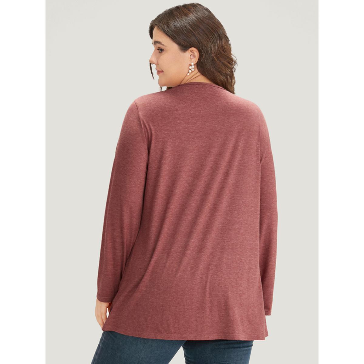 Plus Size Plain Round Neck Button Detail T-shirt Russet Women Casual Plain Plain Round Neck Dailywear T-shirts BloomChic 28/5X Product Image