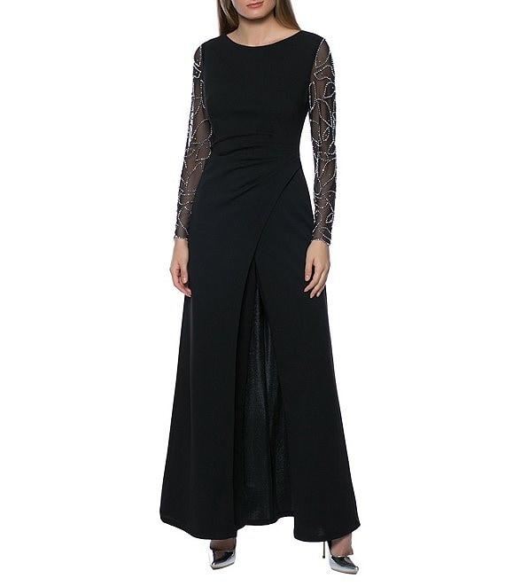 Marina Stretch Crepe Long Beaded Sleeve Round Neck Walk Thru Jumpsuit Product Image