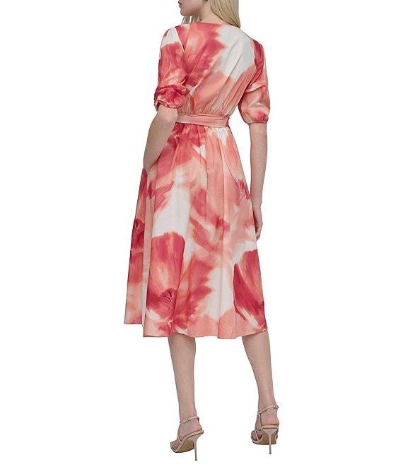DKNY by Donna Karan Short Sleeve Abstract Floral Print Chiffon Faux Wrap Midi Dress Product Image