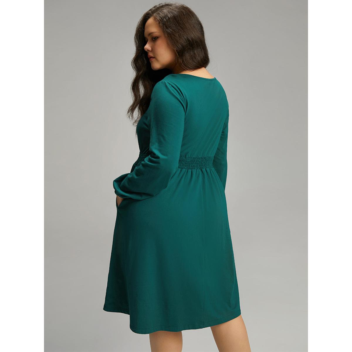 Plus Size Cotton Shirred Button Detail Dress Cyan Women Casual Elastic cuffs Round Neck Long Sleeve Curvy Midi Dress BloomChic 14-16/1X Product Image