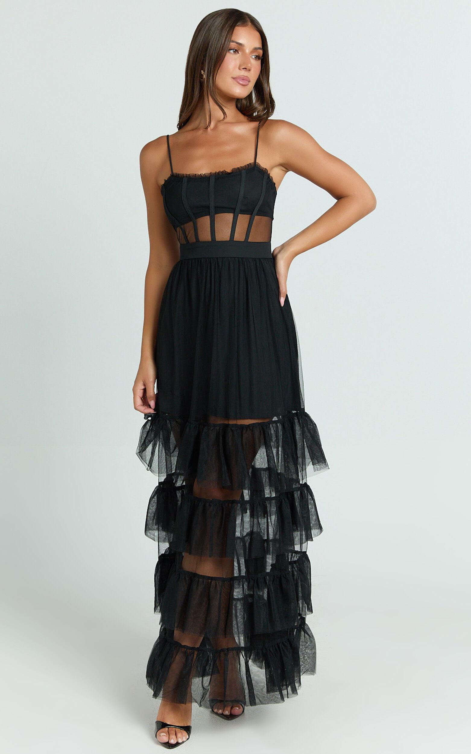Evelynn Midi Dress - Sweetheart Corset Bodice Fit & Flare Tiered in Black Product Image