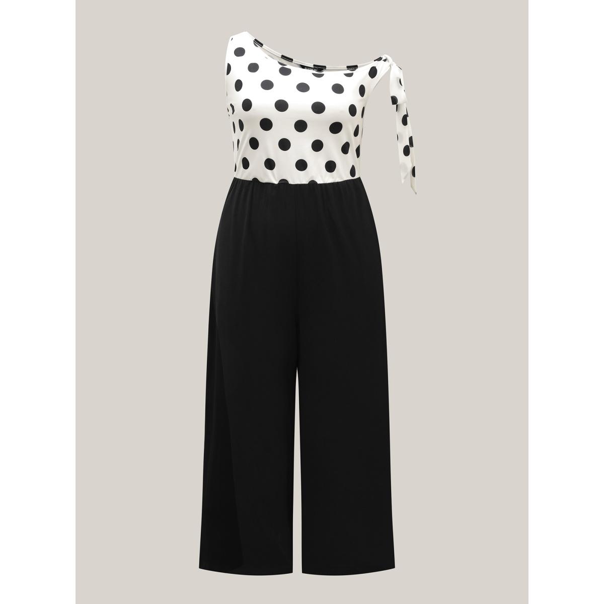 Plus Size Originalwhite Polka Dots One-Shoulder Tied Jumpsuit Women Sleeveless Asymmetrical Neck Work Loose Jumpsuits BloomChic 26/4X Product Image