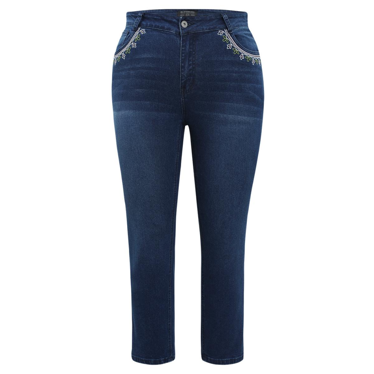 Plus Size Straight Very Stretchy High Rise Dark Wash Embroidered Trim Jeans Women DarkBlue Casual Plain Embroidered High stretch Jeans BloomChic 28/5X Product Image