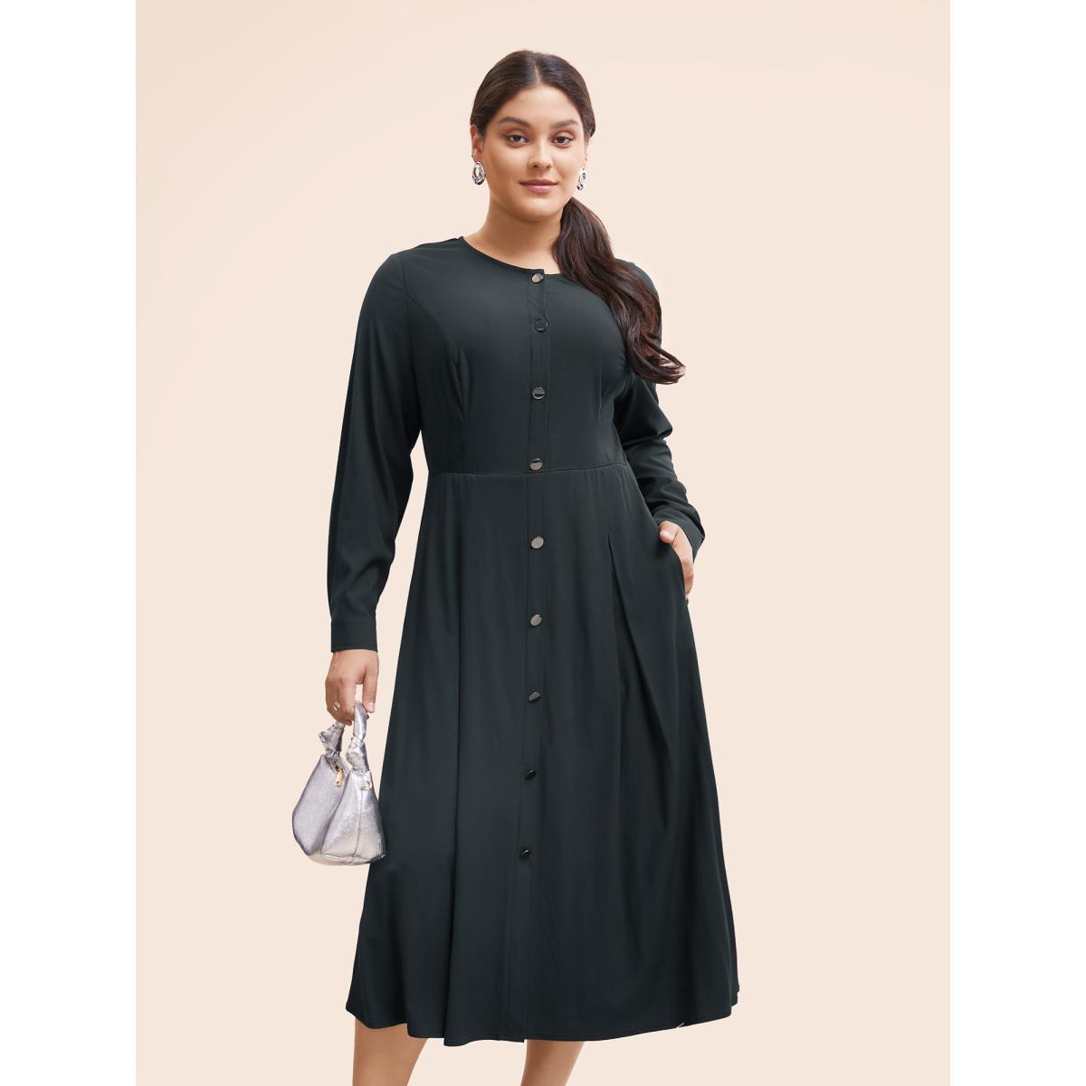 Plus Size Stretch Woven Button Pleated Midi Dress Black Women At the Office Pleated Round Neck Long Sleeve Curvy BloomChic 26/4X Product Image