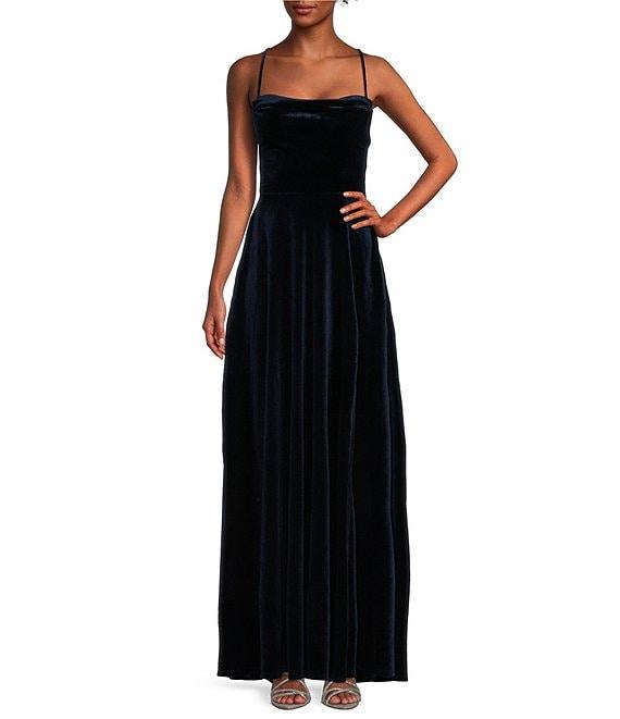 B. Darlin Spaghetti Strap Lace Up Back Stretch Velvet Dress Product Image