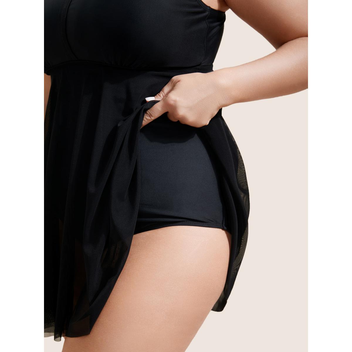 Plus Size Solid Mesh Patchwork Adjustable Straps Swim Dress Women's Swimwear Black Beach Bodycon V-neck High stretch Curve Swim Dresses BloomChic 18-20/2X Product Image