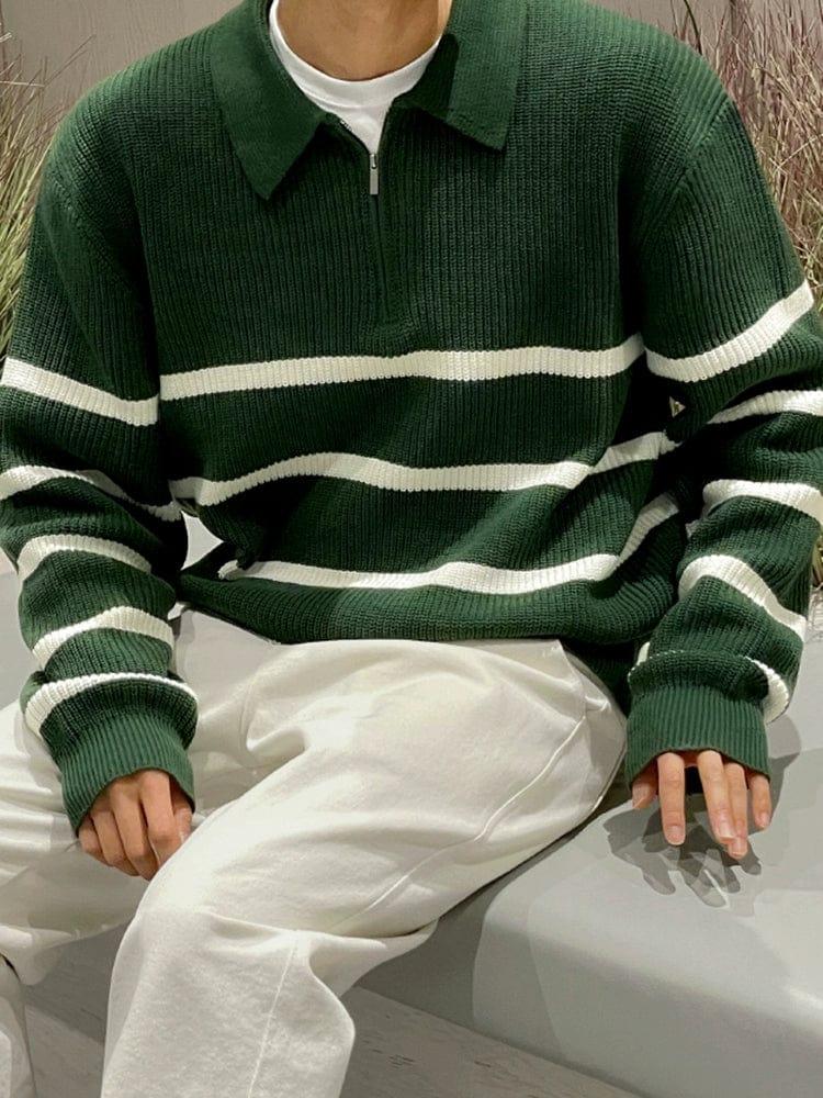 RT No. 11527 KNIT STRIP POLO ZIP-UP SWEATER Product Image