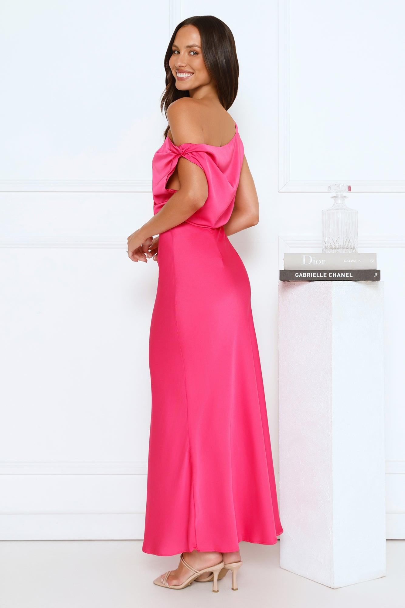 Late Night Luxe Off Shoulder Satin Maxi Dress Pink Product Image