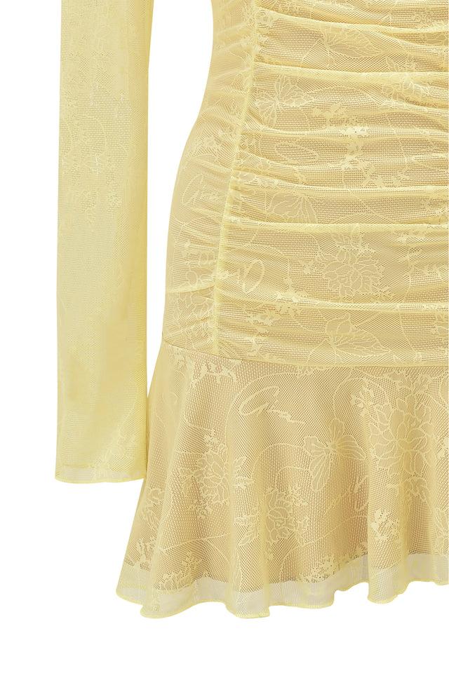 YVETTE LACE LONG SLEEVE RUCHED MINI DRESS - YELLOW Product Image