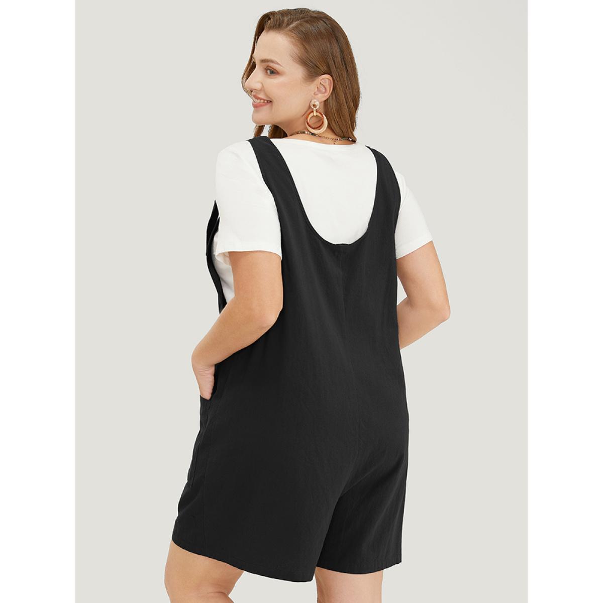 Plus Size Black Solid Pocket Button Detail Knot Shoulder Overall Romper Women Casual Sleeveless Tie Neck Dailywear Loose Jumpsuits BloomChic 22-24/3X Product Image