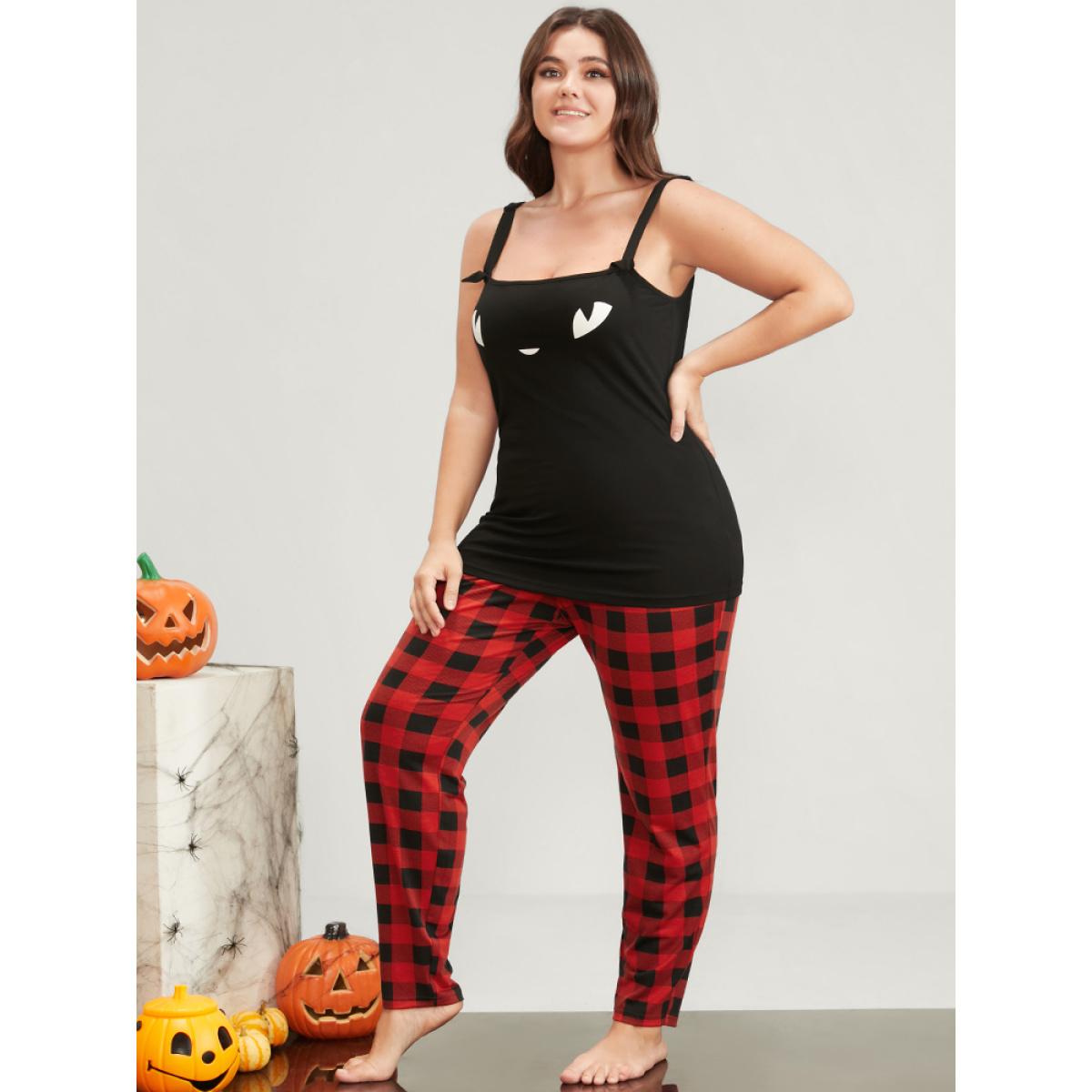 Plus Size Halloween Print Tartan Lounge Set Women Black Graphic-Halloween Printed Sleeveless Spaghetti Strap Casual Loungewear Sets BloomChic 30/6X Product Image