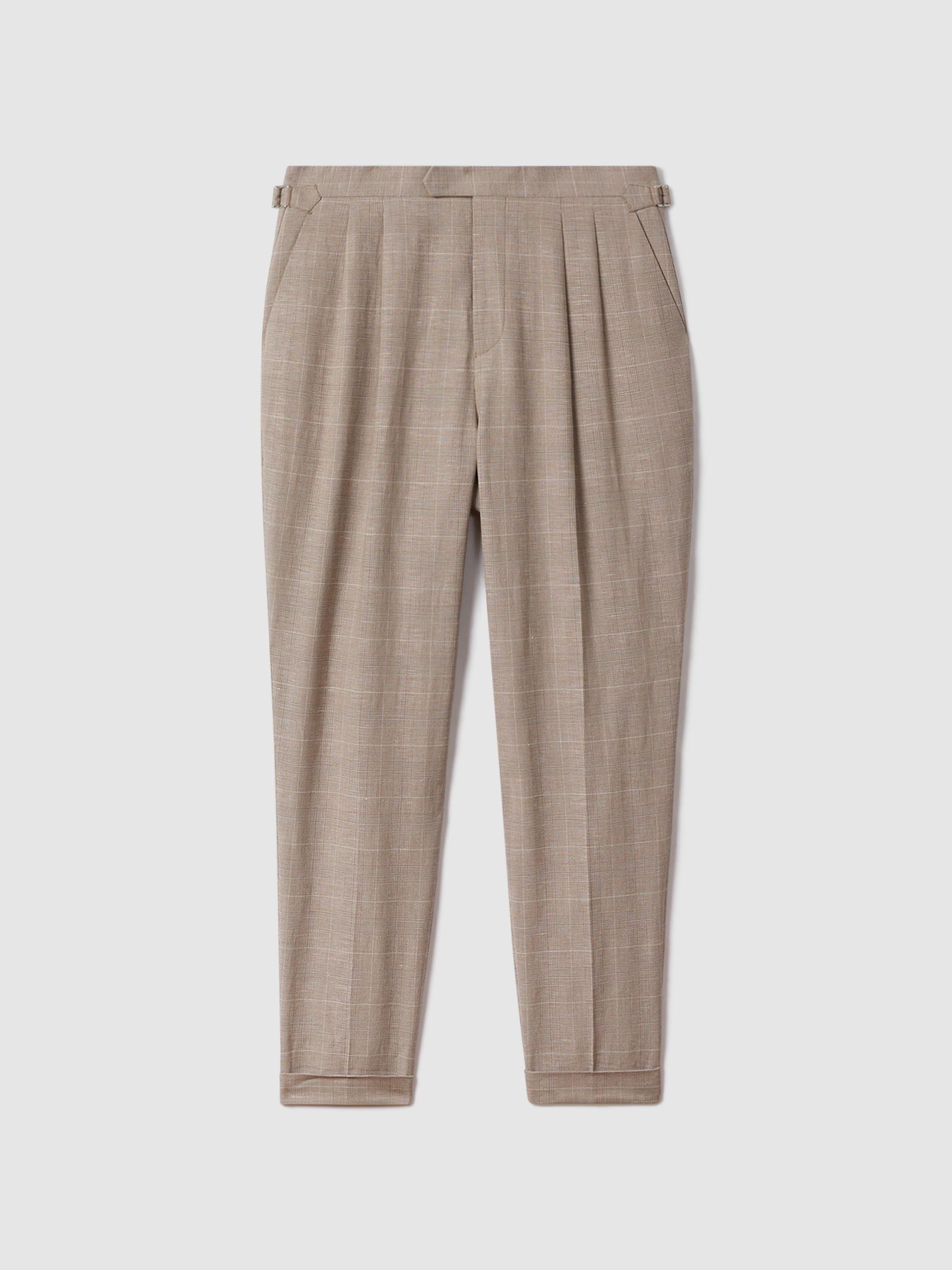 Slim Fit Check Adjuster Trousers with Turn-Ups in Oatmeal Product Image