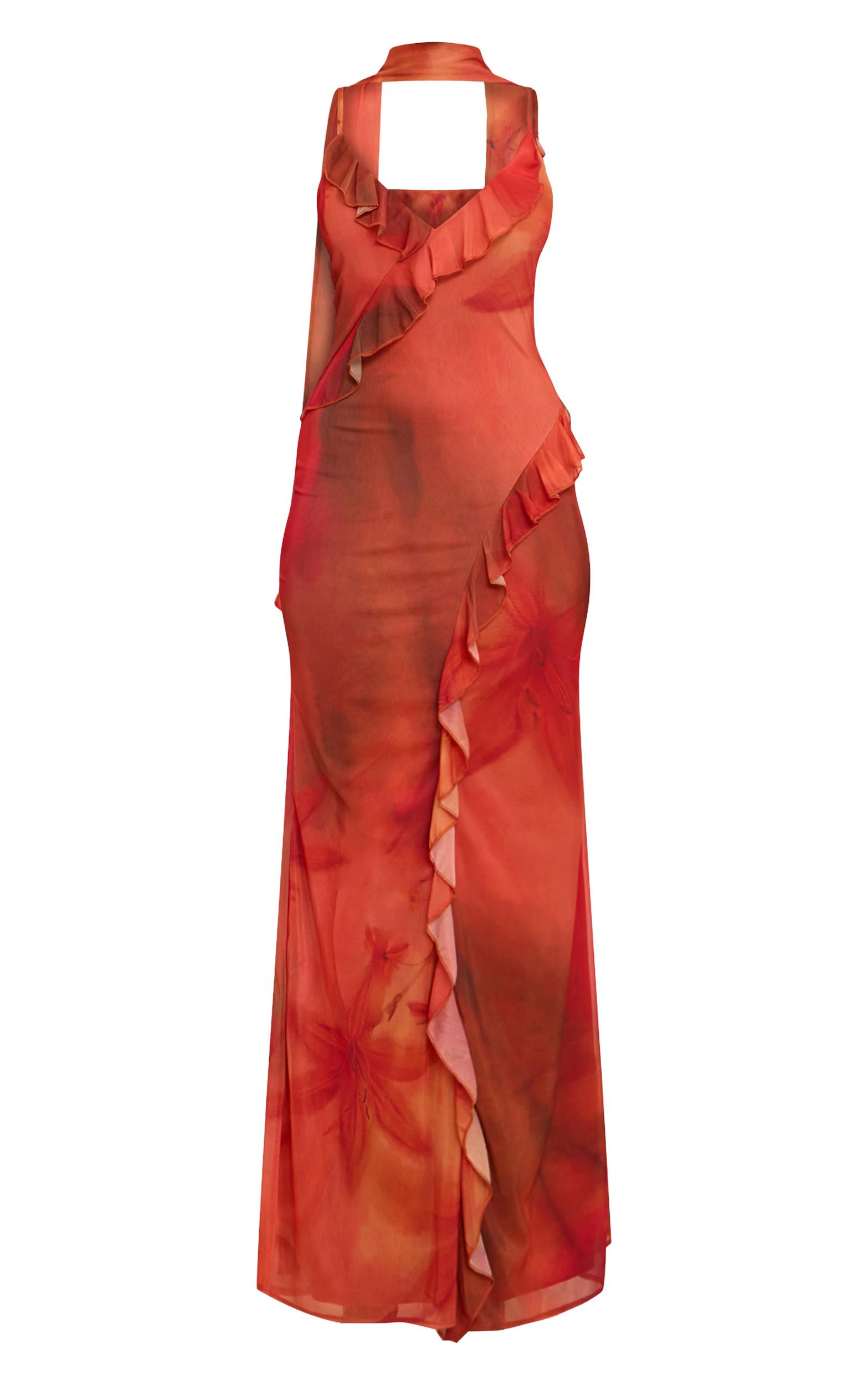 Red Printed Chiffon Frill Details Strappy Maxi Dress Product Image
