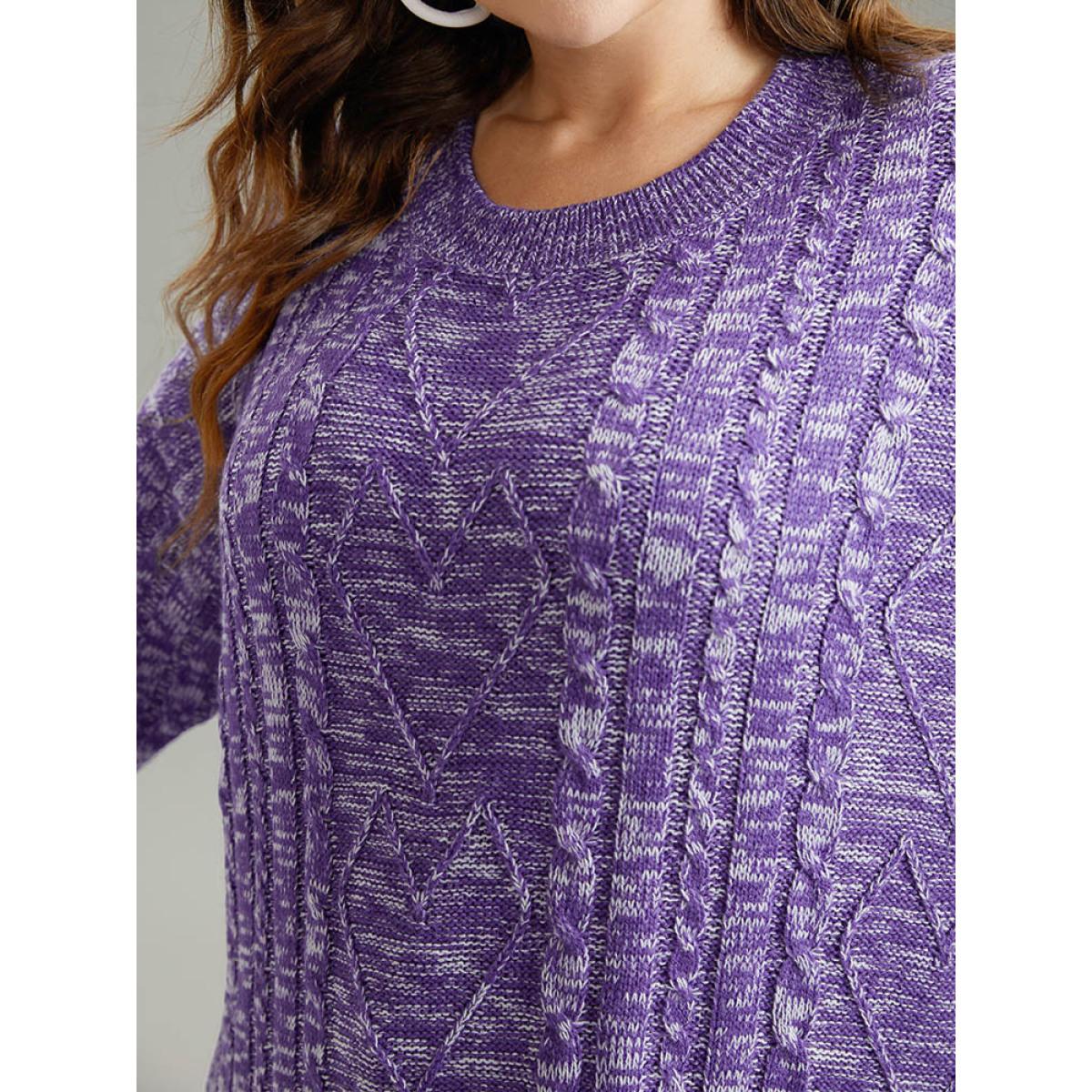 Plus Size Heather Flutter Hem Cable Knit Pullover BlueViolet Women Casual Loose Long Sleeve Round Neck Dailywear Pullovers BloomChic 12/L Product Image