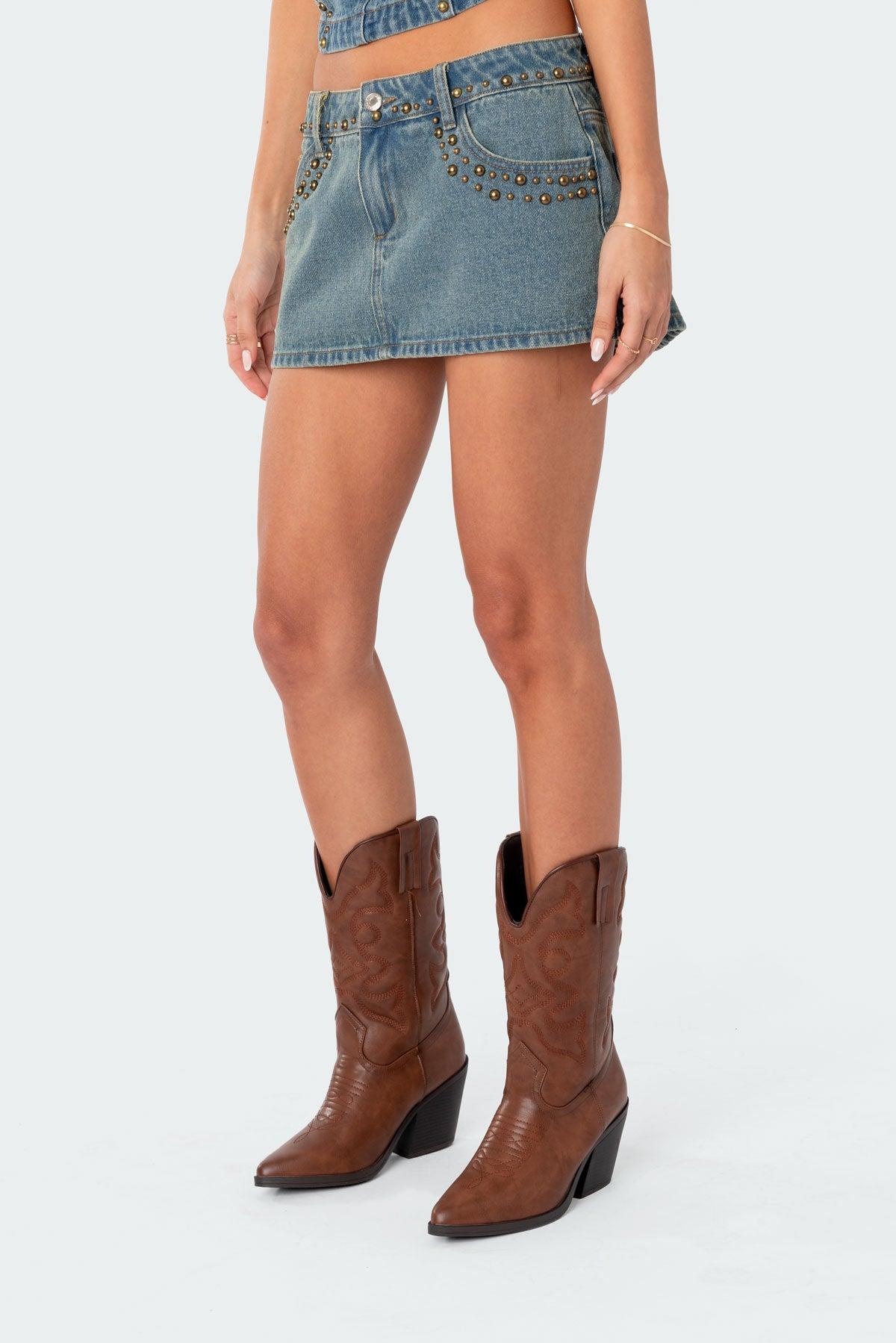 Studded Low Rise Washed Denim Mini Skirt Product Image