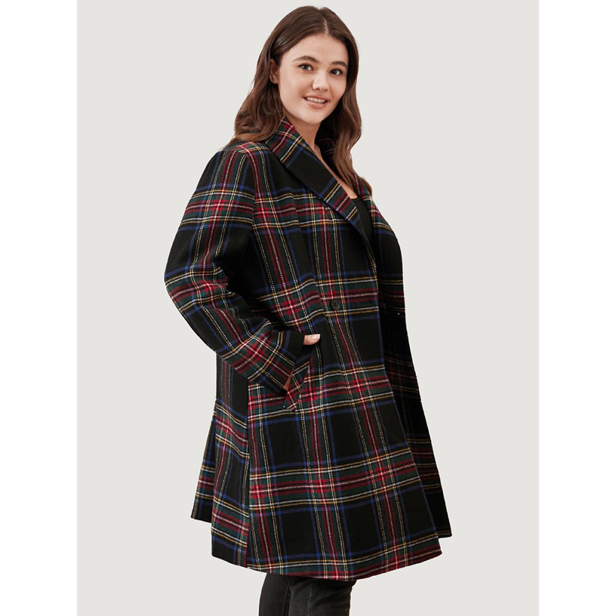 Plus Size Plaid Button Through Pocket Lapel Collar Coat Women Black Casual Pocket Ladies Dailywear Winter Coats BloomChic 12/L Product Image