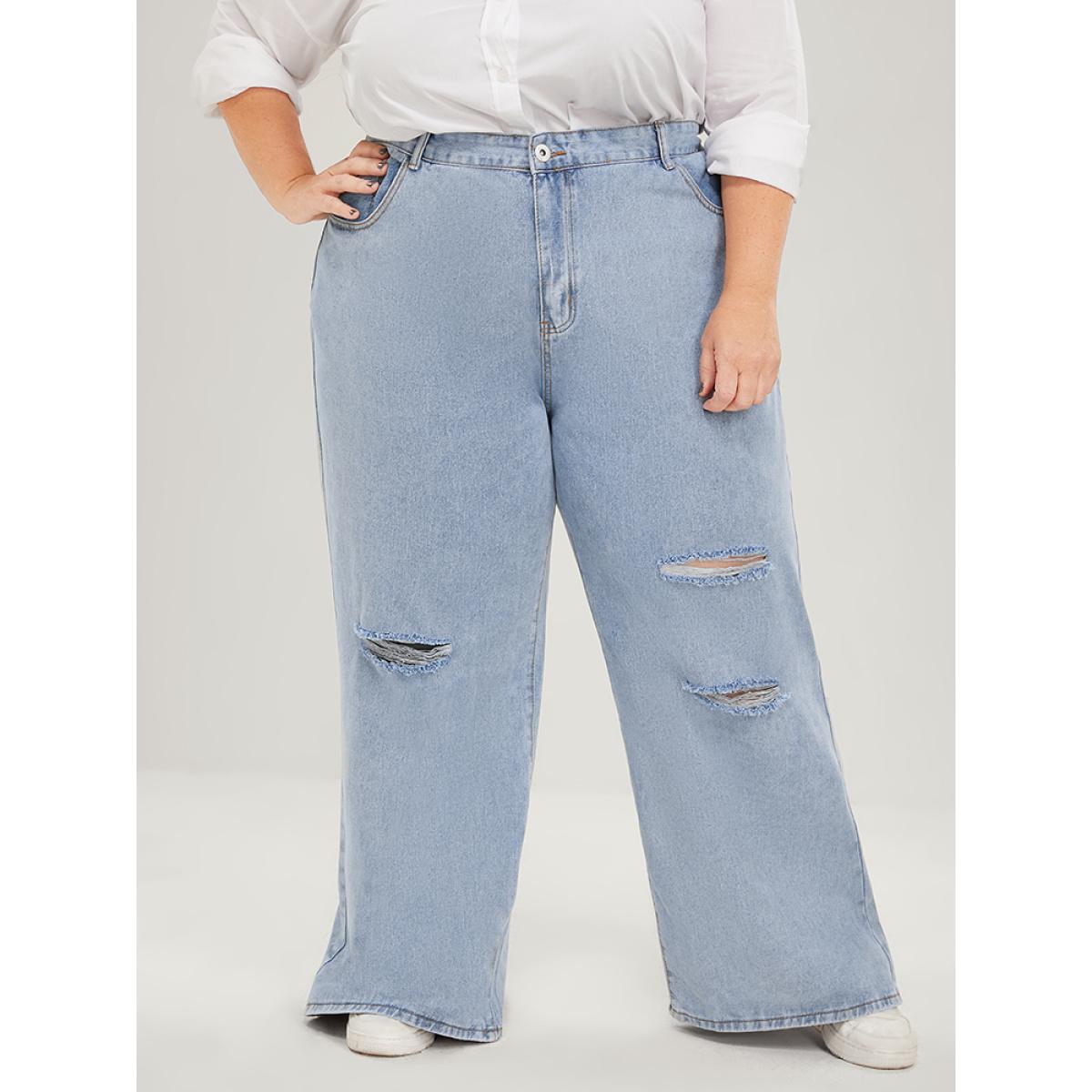 Plus Size Boyfriend Wide Leg Non Stretchy High Rise Light Wash Distressed Jeans Women LightBlue Casual Plain Distressed No stretch Pocket Jeans BloomChic 16/1X Product Image