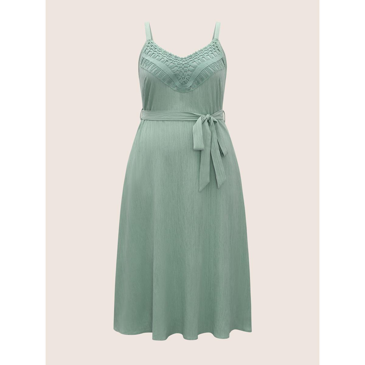 Plus Size Texture Lace Trim Belted Cami Dress Mint Women Resort Woven ribbon&lace trim V-neck Sleeveless Curvy BloomChic 18-20/2X Product Image