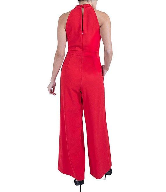 Julia Jordan Stretch Crepe Halter Surplice V-Neck Sleeveless Wide Leg Jumpsuit Product Image