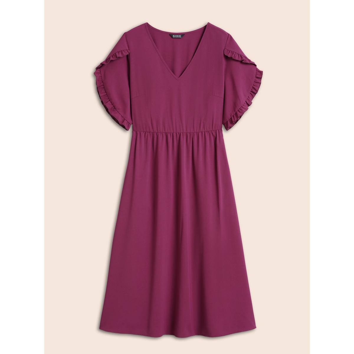 Plus Size Petal Sleeve Ruffled Waist-Cinched Midi Dress Deeppurplered Women Elegant Frill Trim V-neck Half Sleeve Curvy BloomChic 30/6X Product Image