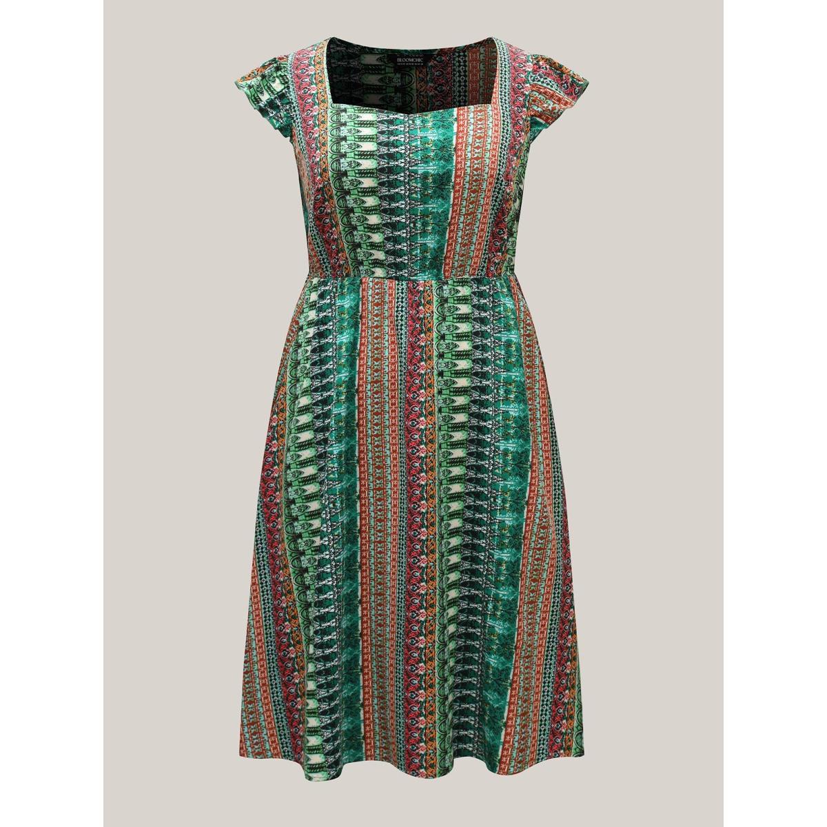 Plus Size Boho Stripes Pockets Flutter Midi Dress Emerald Women Heart neckline Cap Sleeve Curvy BloomChic 30/6X Product Image