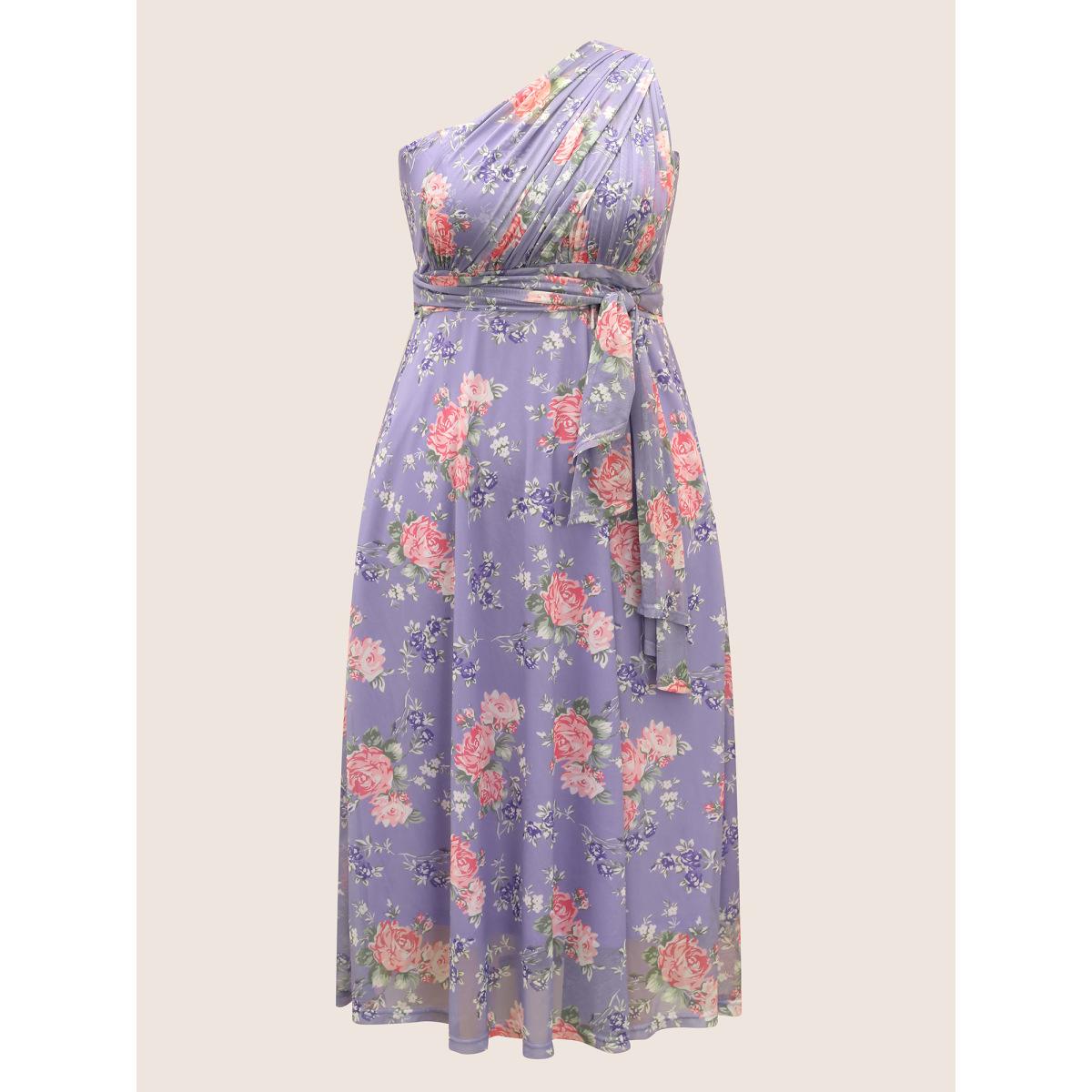 Plus Size Everywhere Dress - Mesh Floral Ruched Dress Lavender Women Elegant Belted One-shoulder neck Sleeveless Curvy BloomChic 26/4X Product Image